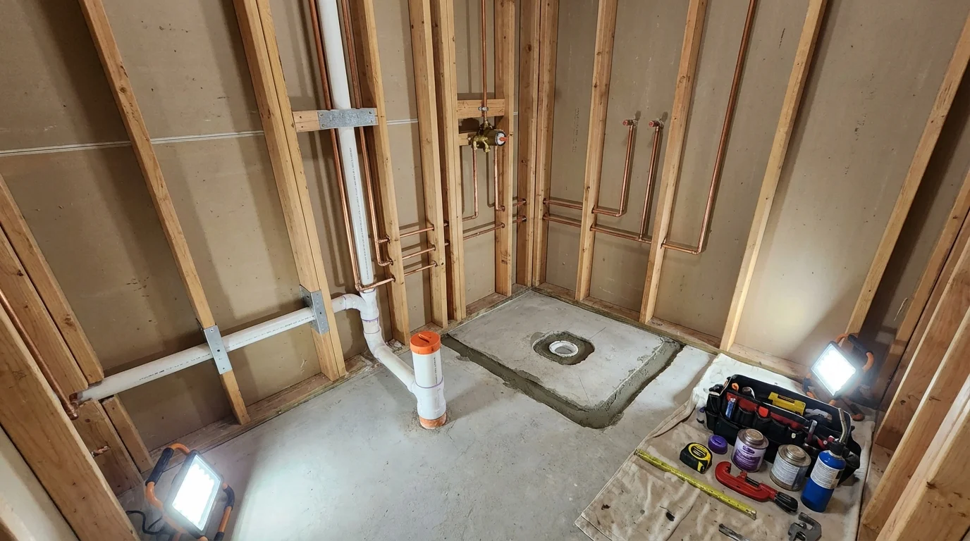 Bathroom rough-in plumbing during remodel by Johns Plumbing LLC in Elsberry