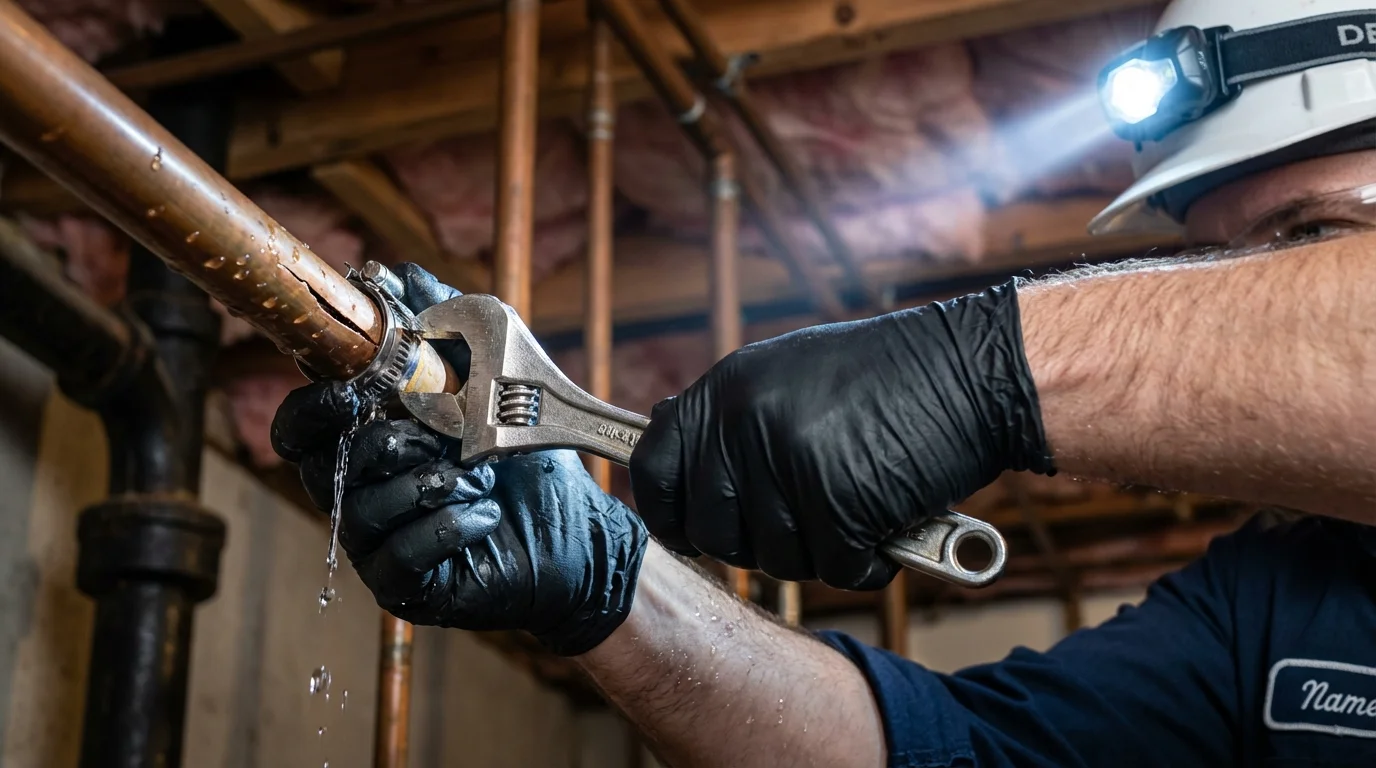 Emergency pipe clamp repair being performed by a Johns Plumbing LLC plumber in Elsberry