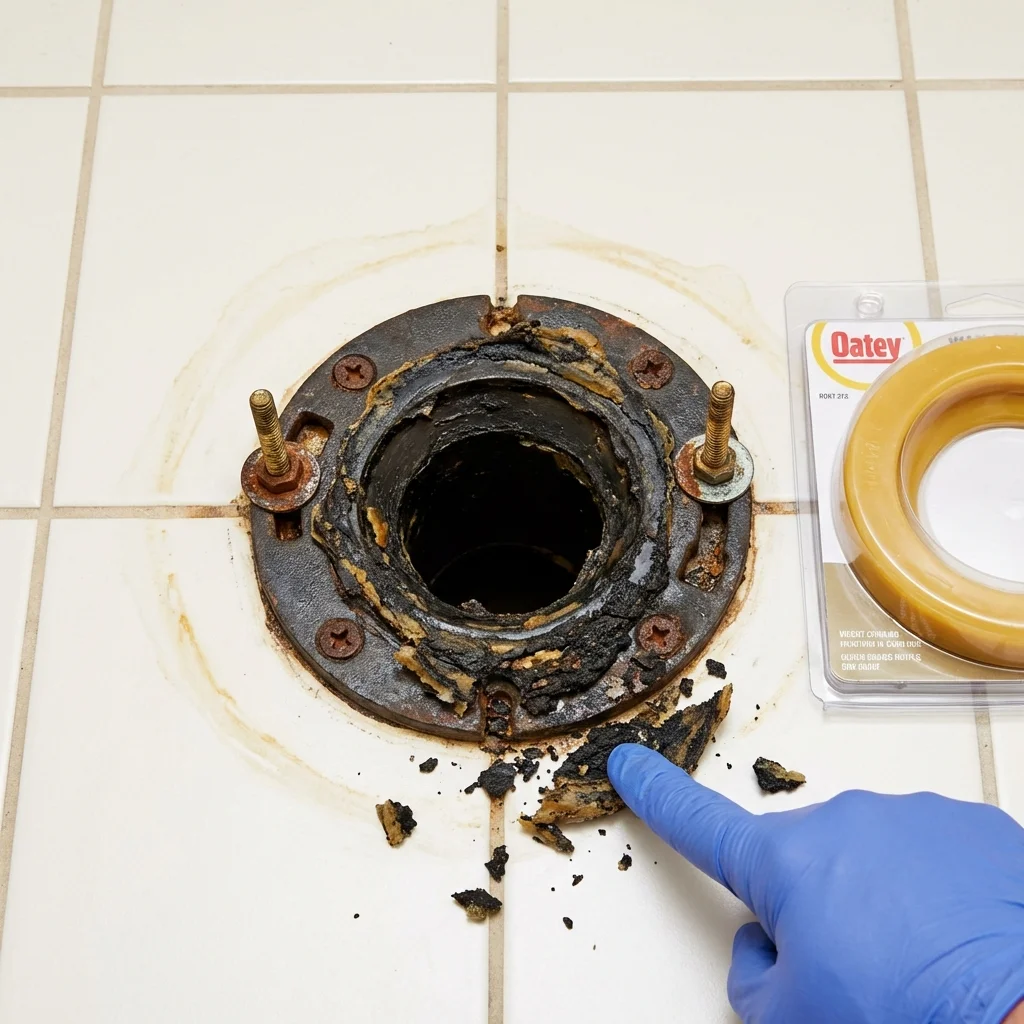Failed wax ring showing water seepage at the base of a toilet in a Elsberry, MO home
